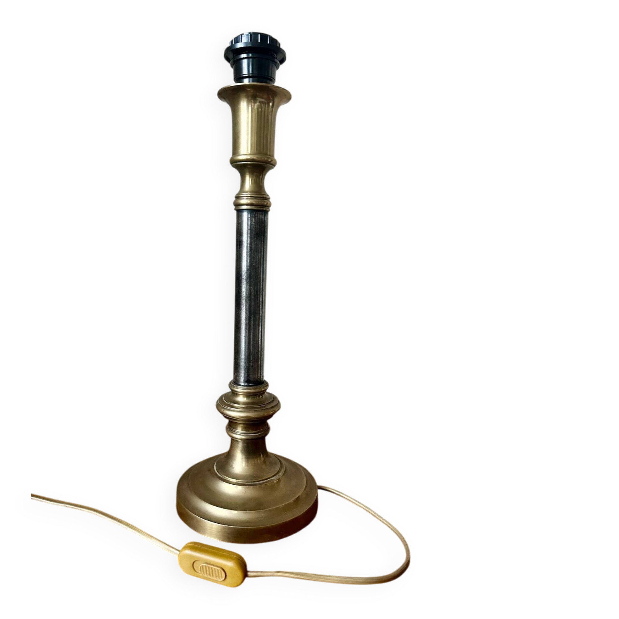 Lamp base in brass and chrome-plated steel