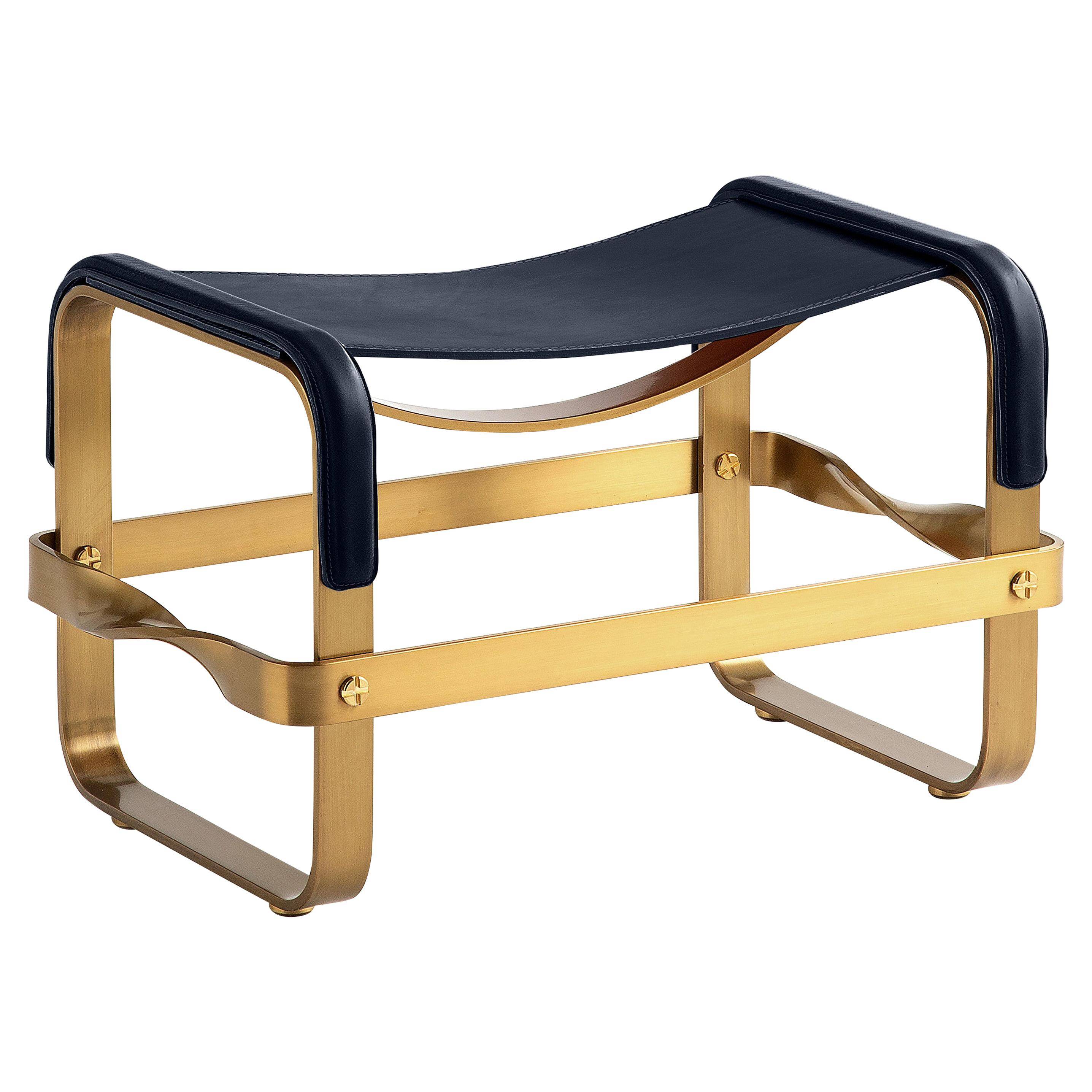 Footrest in Aged Brass and Navy Blue Leather, Contemporary Style