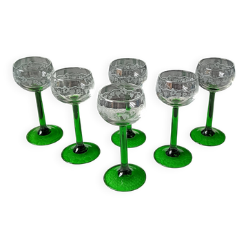 Emerald green footed glass, vine pattern