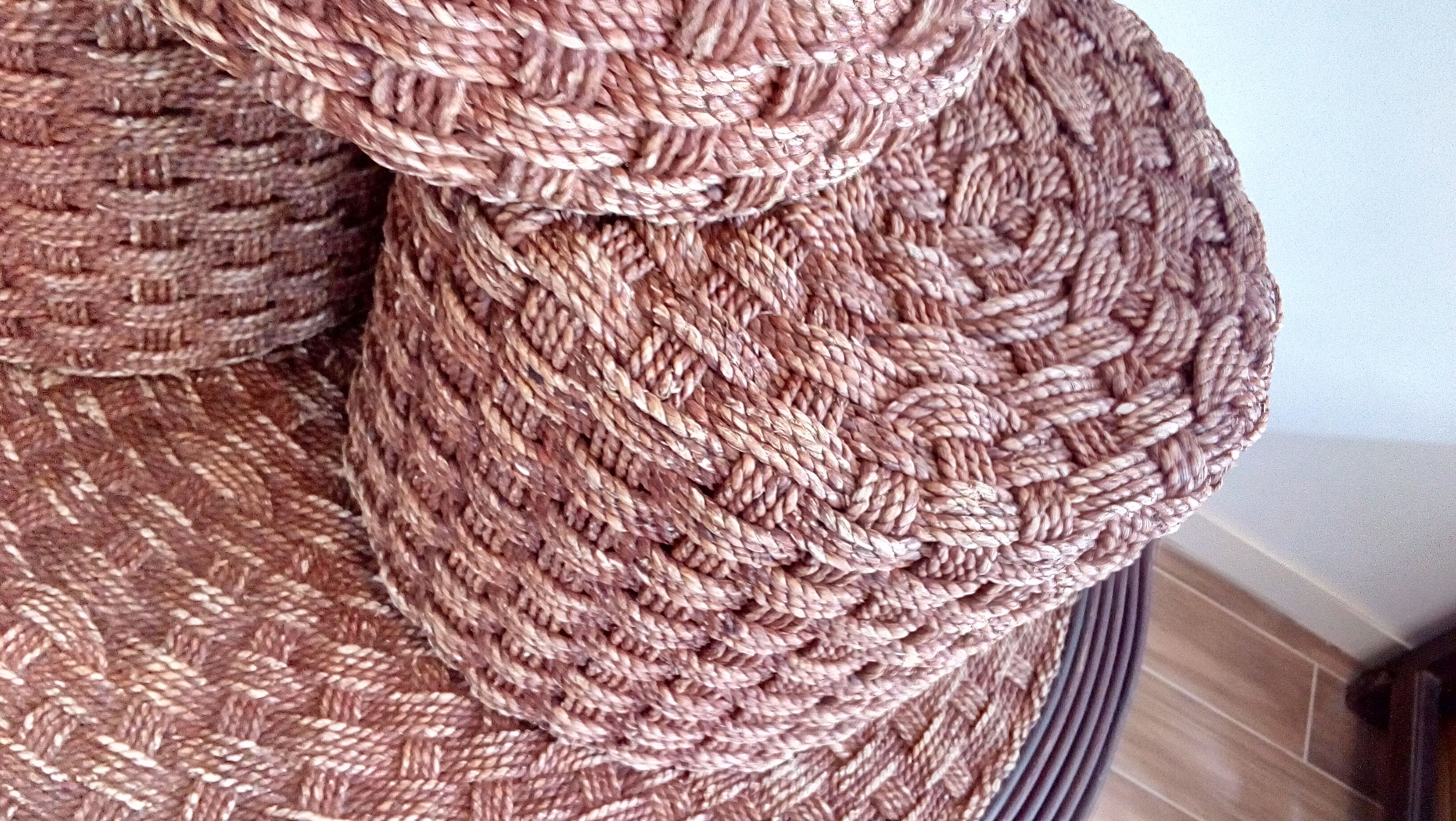 Vintage stool pouf in braided rope