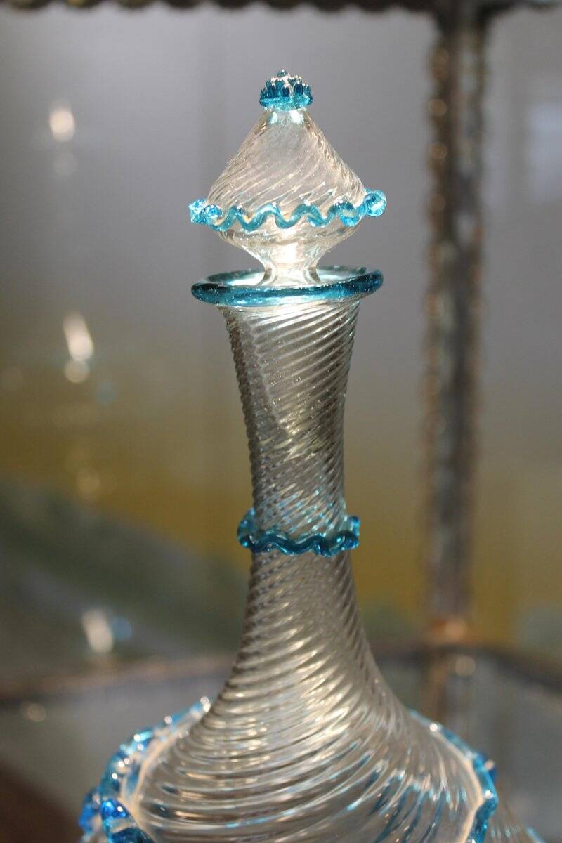 18th Century Italian Murano Clear Glass and Blue Trimmed Blown Glass Bottle