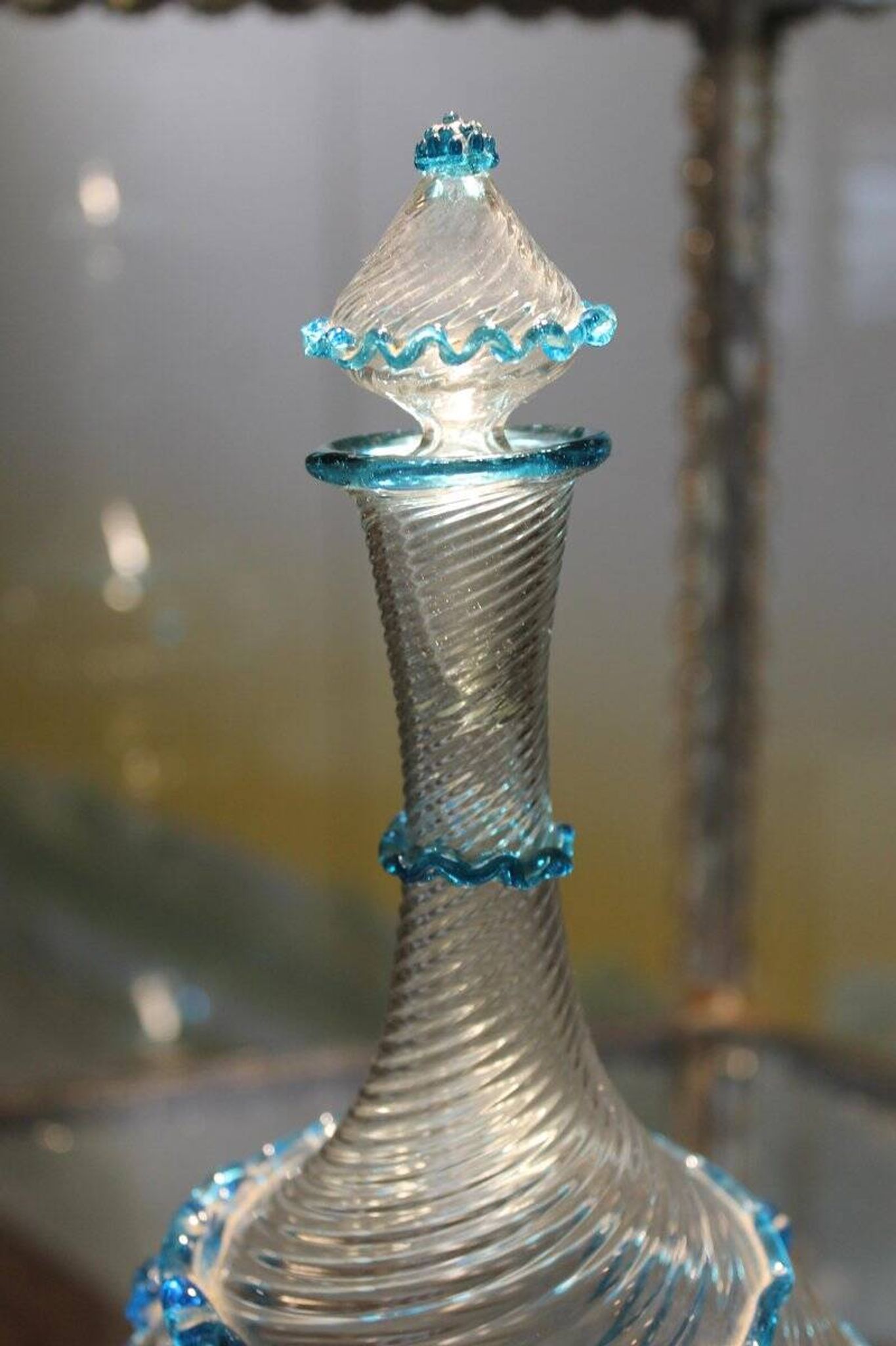 18th Century Italian Murano Clear Glass and Blue Trimmed Blown Glass Bottle