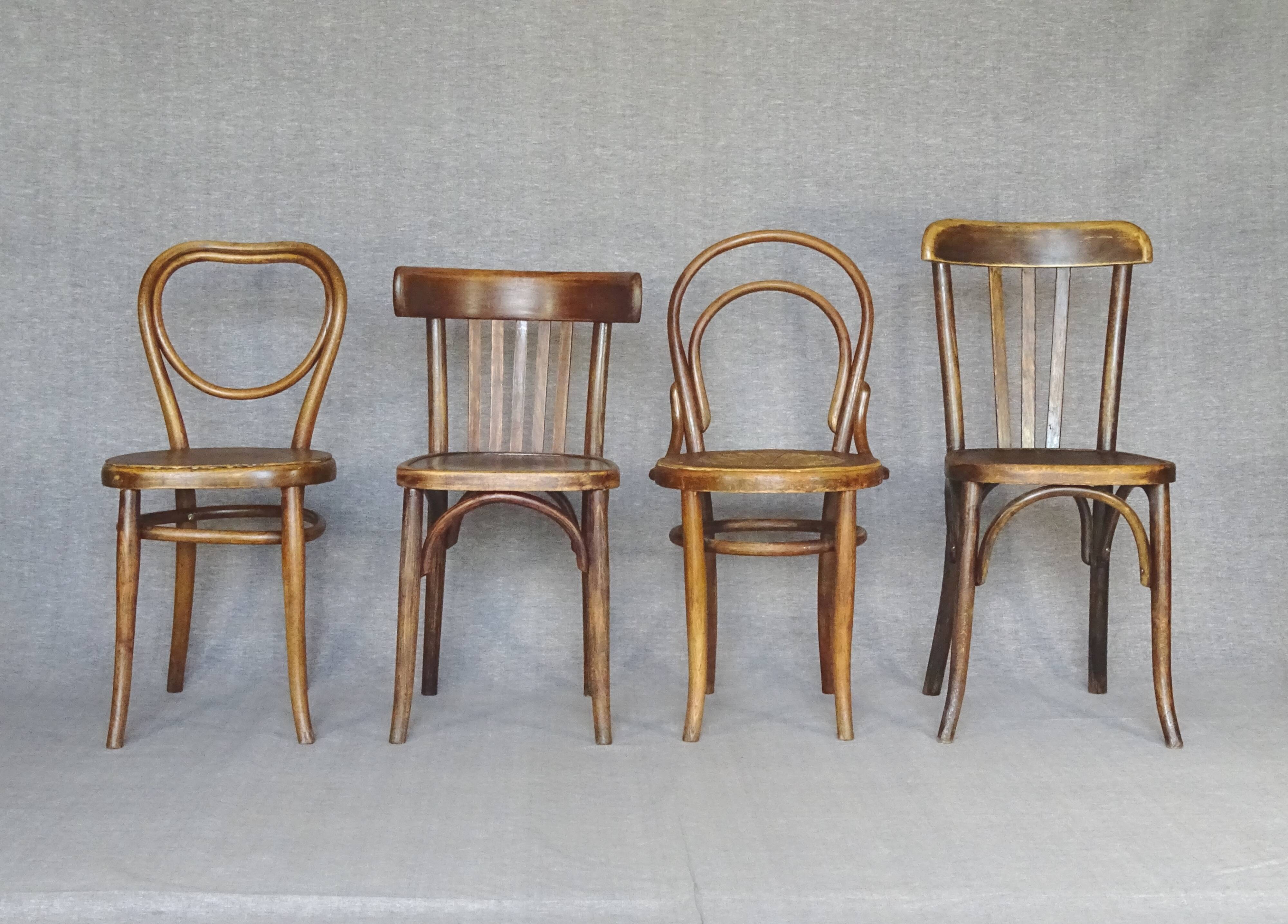Set of 4 mismatched bistro chairs, from 1910 to 1935