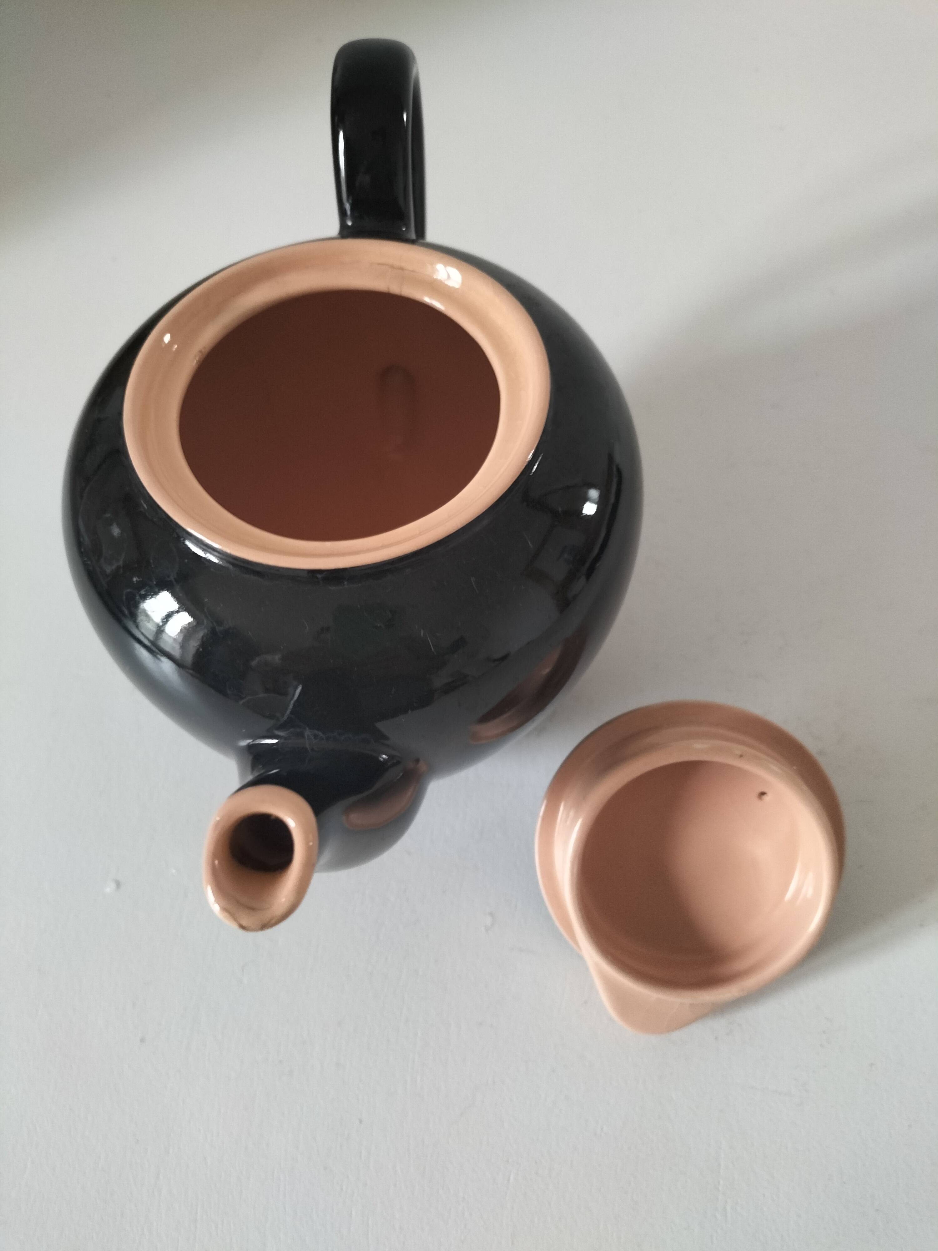 Vintage Biarritz Villeroy & Boch Mettlach teapot, black & salmon