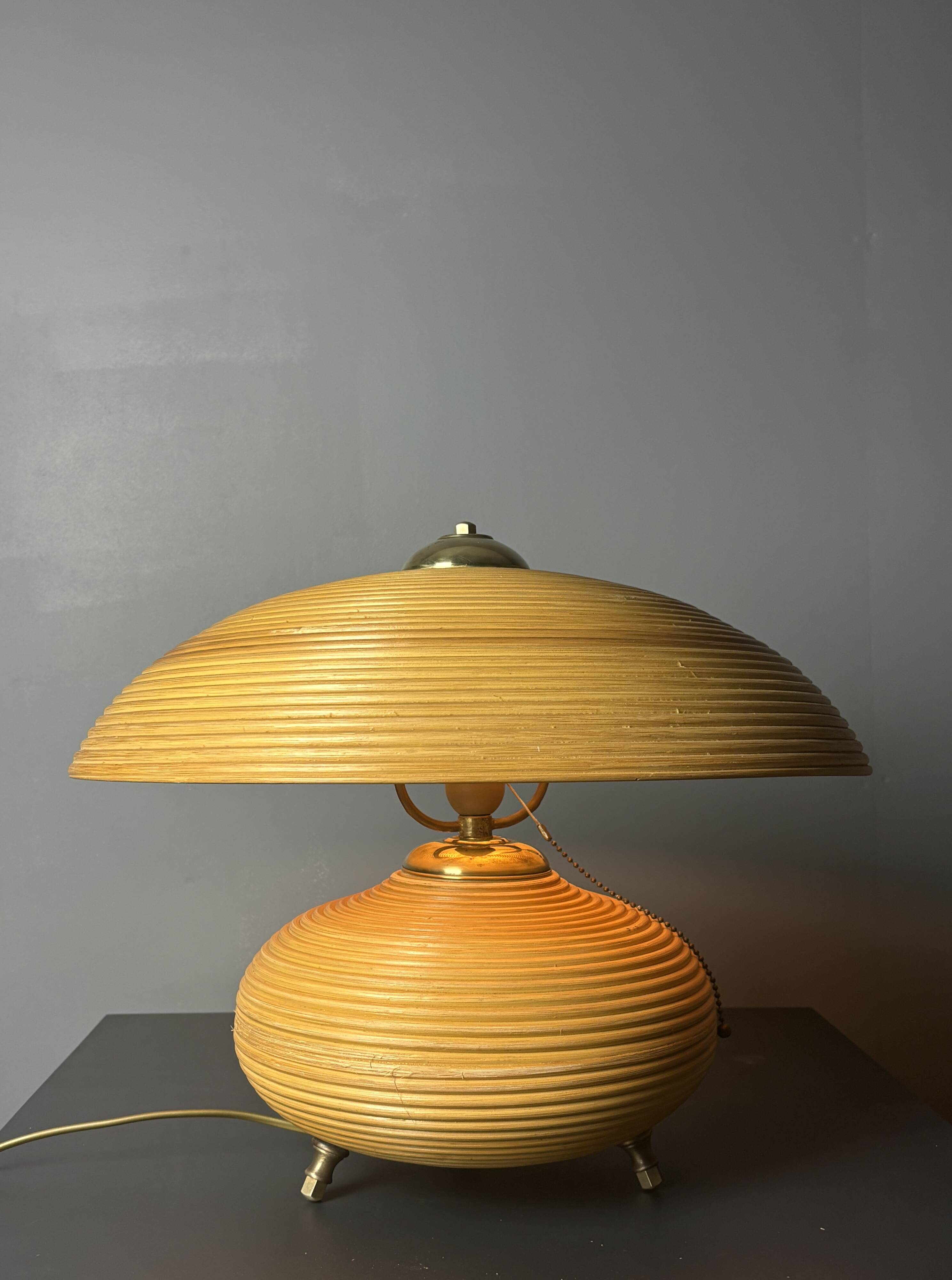 Pencil Reed Rattan Bamboo and Brass Mushroom Table Lamp, Italy, 1970s