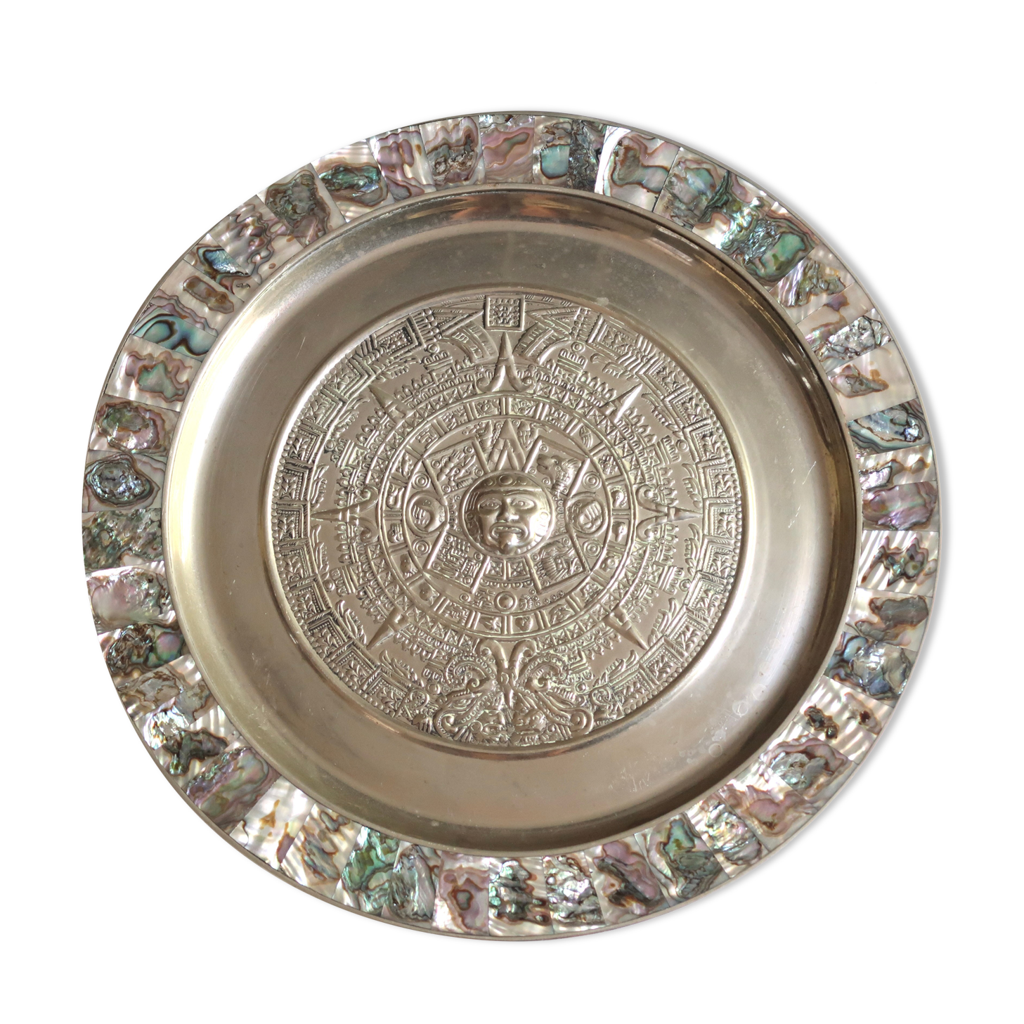 Mexican wall dish in silver metal and mother-of-pearl, 70s