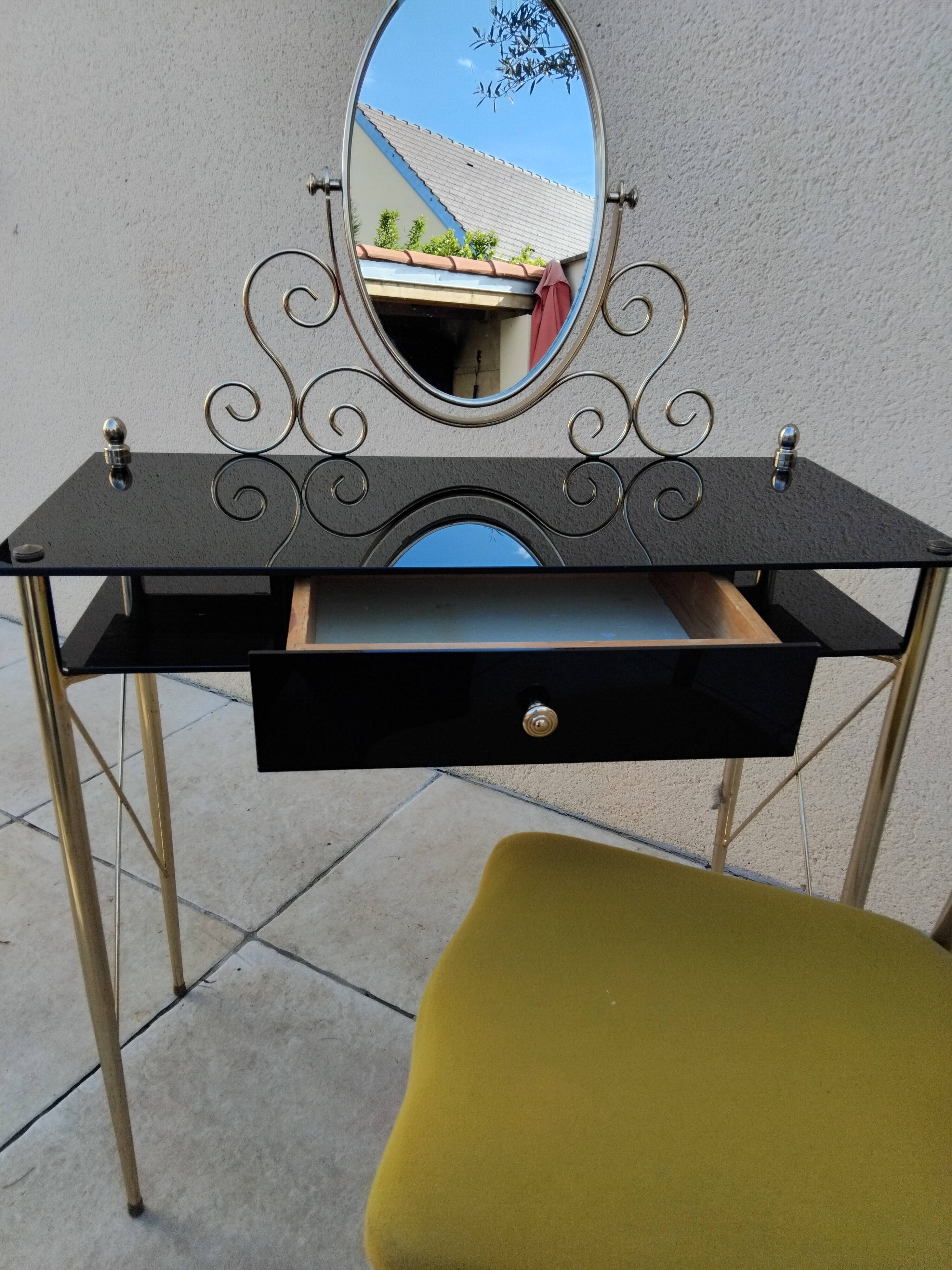 Coiffeuse et chaise vintage verre et métal dorée