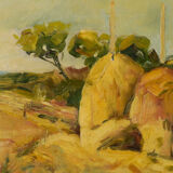 Post impressionist landscape with haystacks