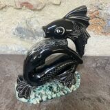 Sculpture poisson vintage céramique barbotine noir ancien art déco XXème