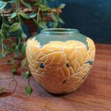Ceramic ball vase with yellow and green leaf patterns