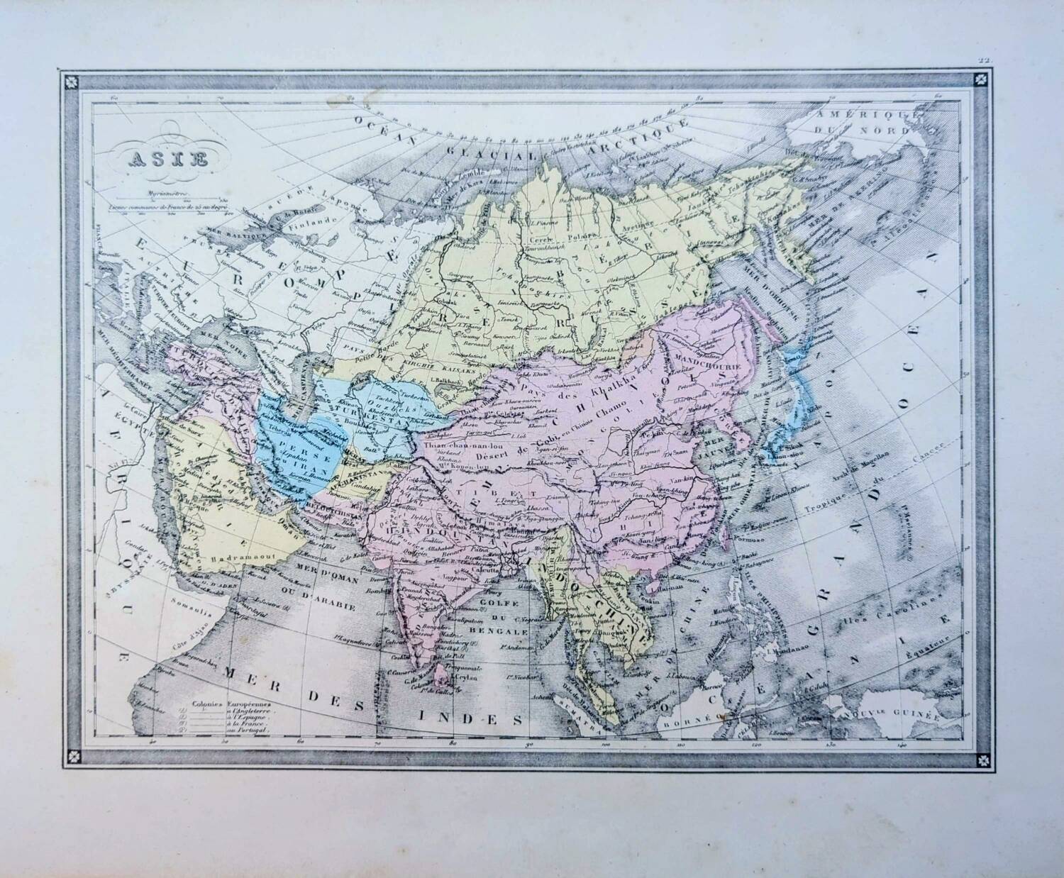 Asia, antique map, printed in 1852. Authentic.