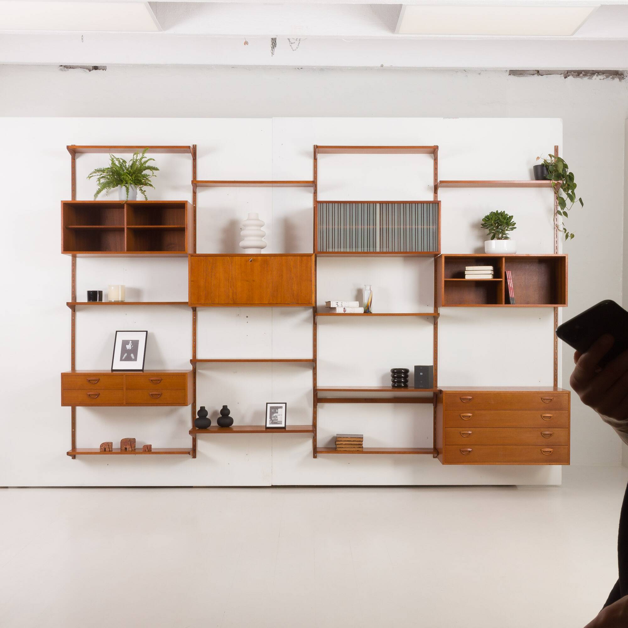 Kai Kristiansen four bay teak wall unit with a dresser, FM Mobler, Denmark
