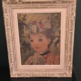 Old painting portrait of a woman with a flowered hat