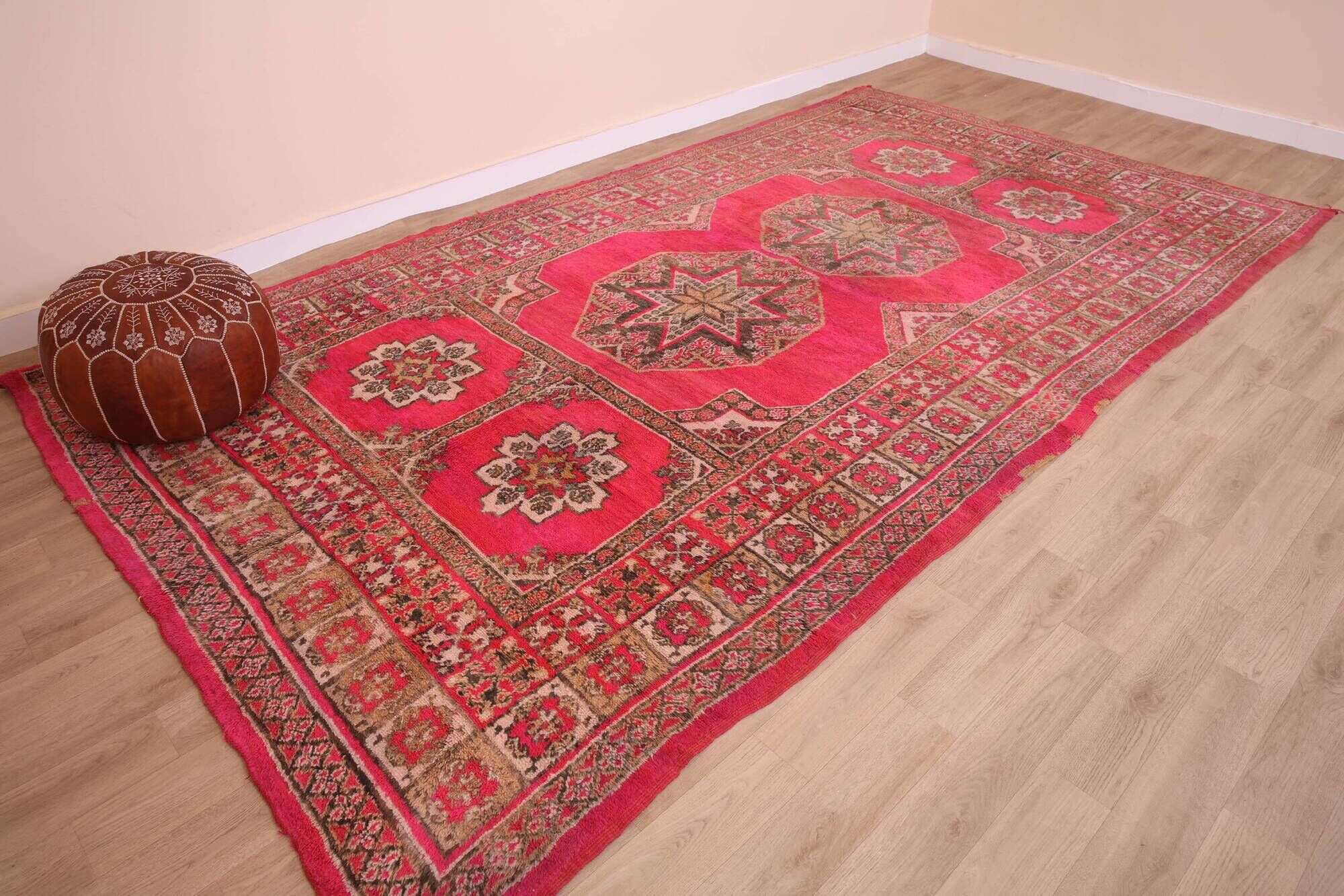 Pink Vintage Moroccan Rug 208 x 384 cm, Berber Wool Rug Handmade, Boho Rug