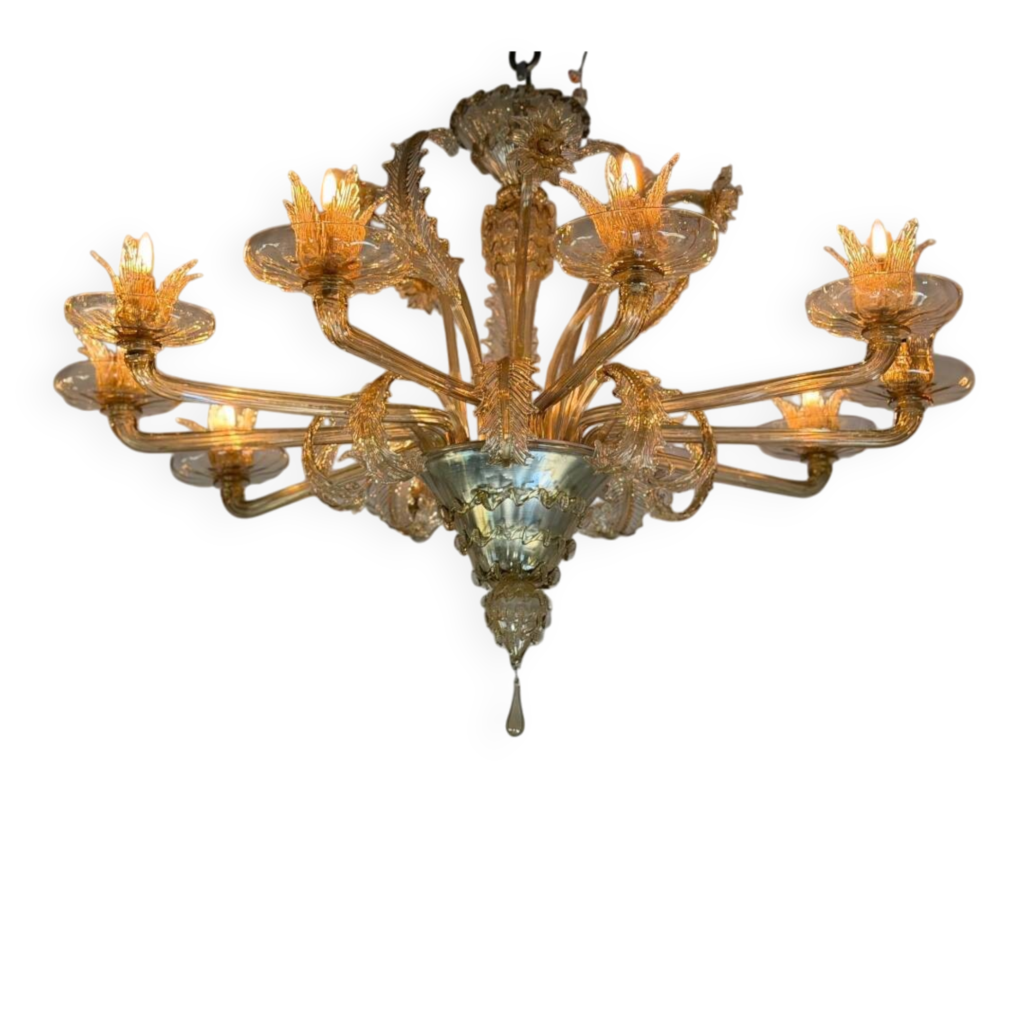 Venetian chandelier in gilded Murano glass, 10 light arms, circa 1920.