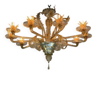 Venetian chandelier in gilded Murano glass, 10 light arms, circa 1920.