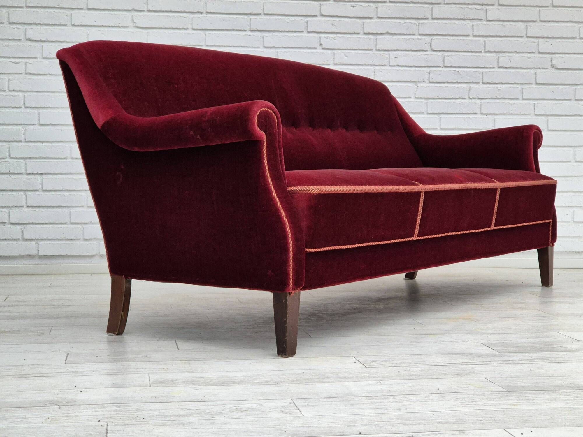 1960s, Danish 3 seater sofa, original good condition, furniture velour, beech wood .