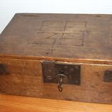 Old box with inscription, fittings, lock and key