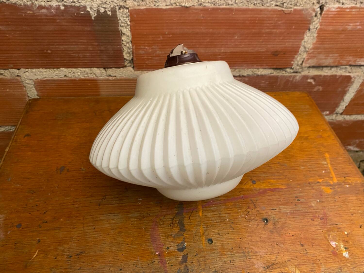 Antique Pendant Lamp Opaline White Saucer Shape Ribbed Vintage