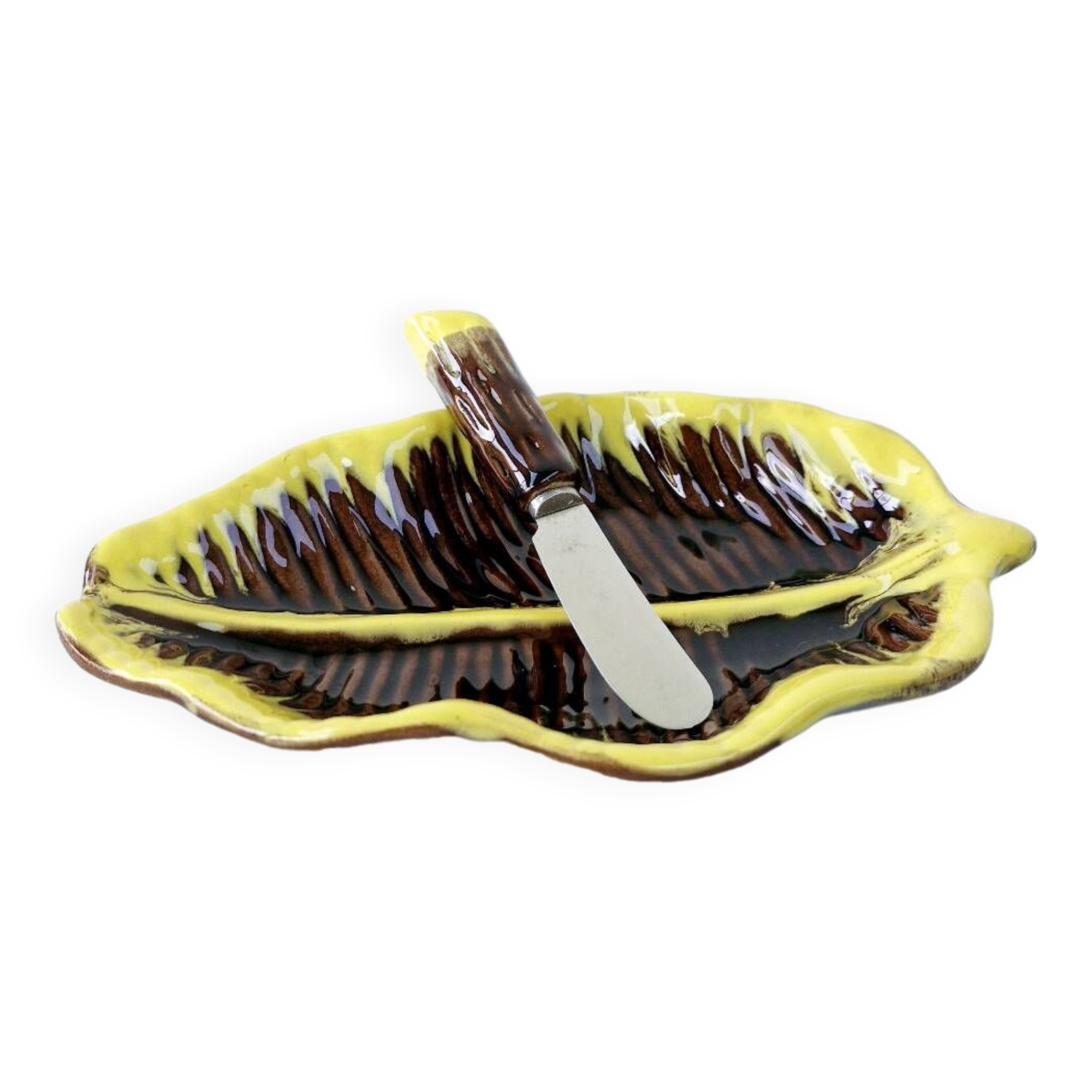 Butter dish and its vintage ceramic knife dlg vallauris leaf shape