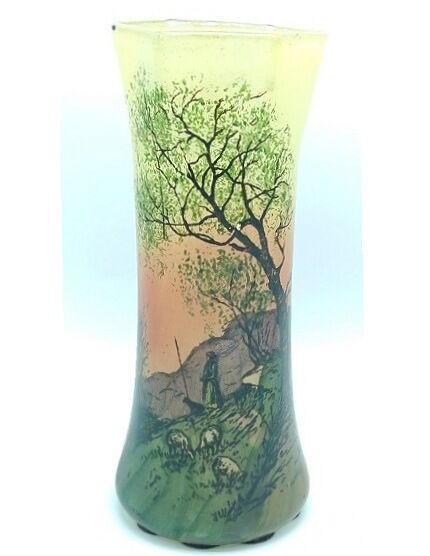 Large enameled glass vase in the style of Legras decor of the shepherd and his sheep