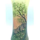 Large enameled glass vase in the style of Legras decor of the shepherd and his sheep