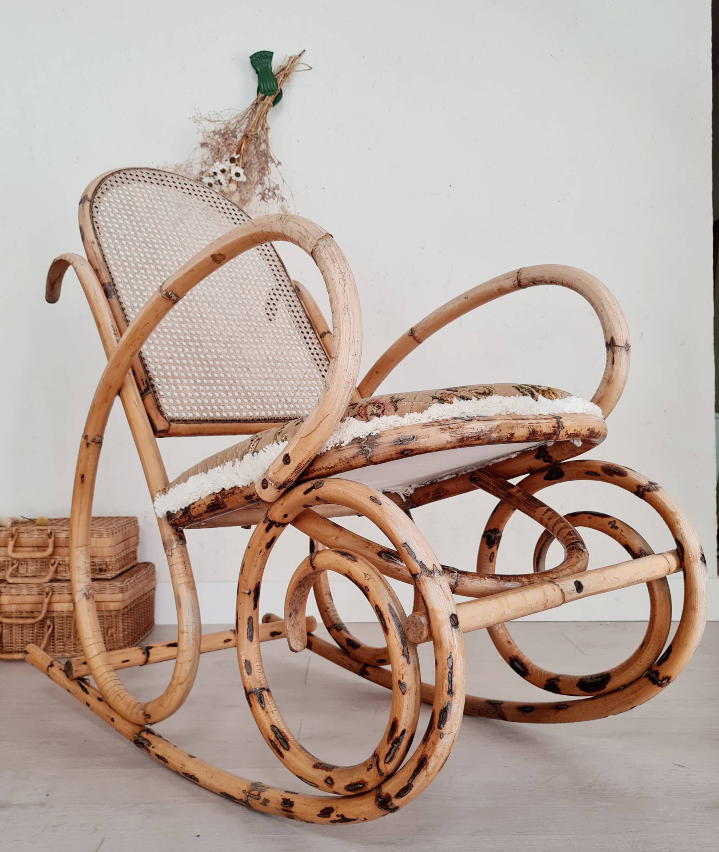 Cane rocking chair and upholstered seat