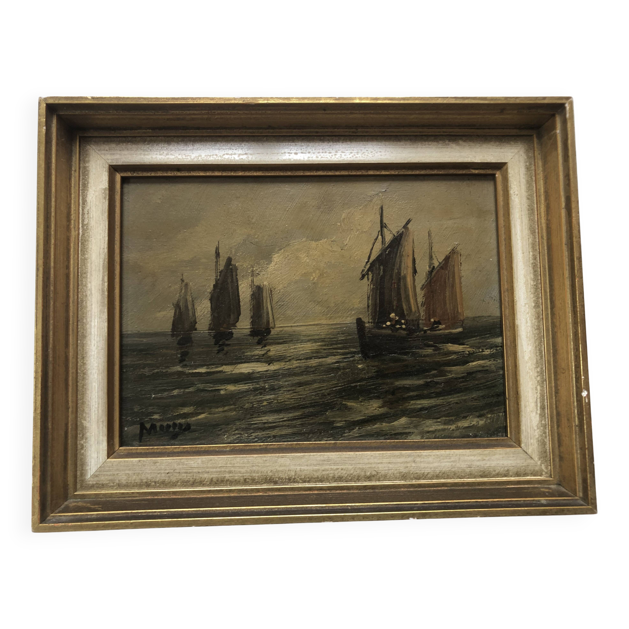 Oil on panel MARINE early 20th century, sailing boat, fishing boat, signed
