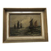 Huile sur panneau MARINE début XX, barque à voile, bateau de pêche, signé