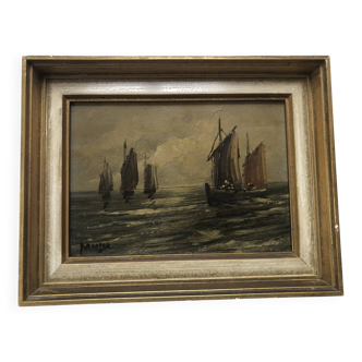 Oil on panel MARINE early 20th century, sailing boat, fishing boat, signed