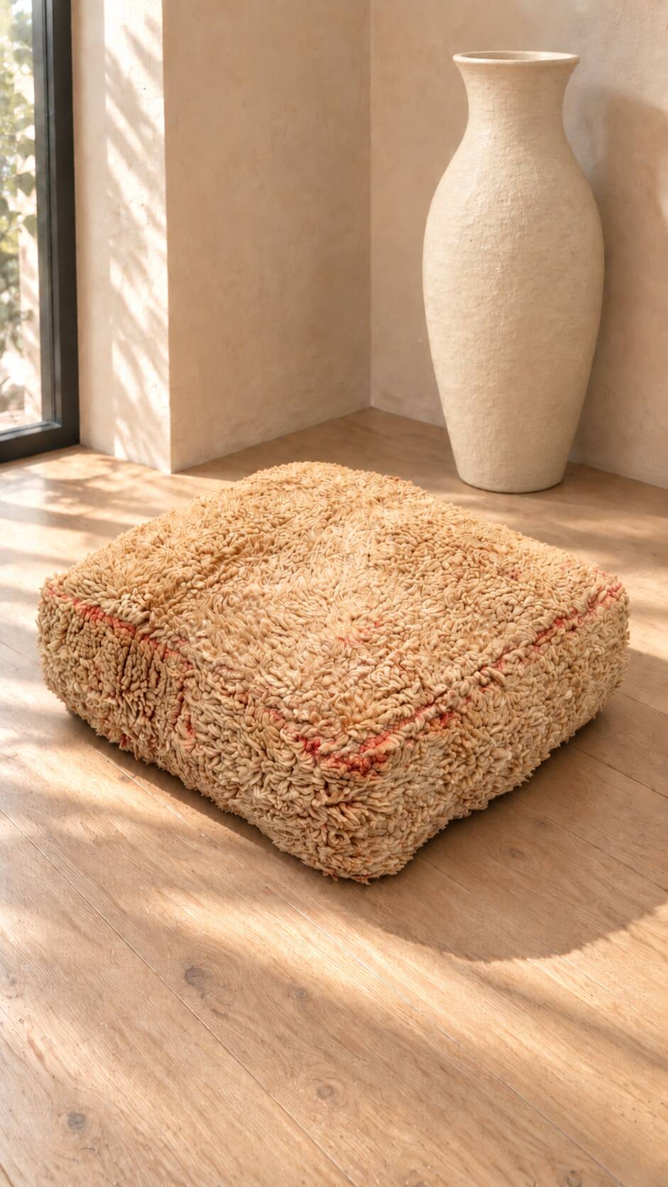 Vintage Berber pouf in natural wool – salmon and beige