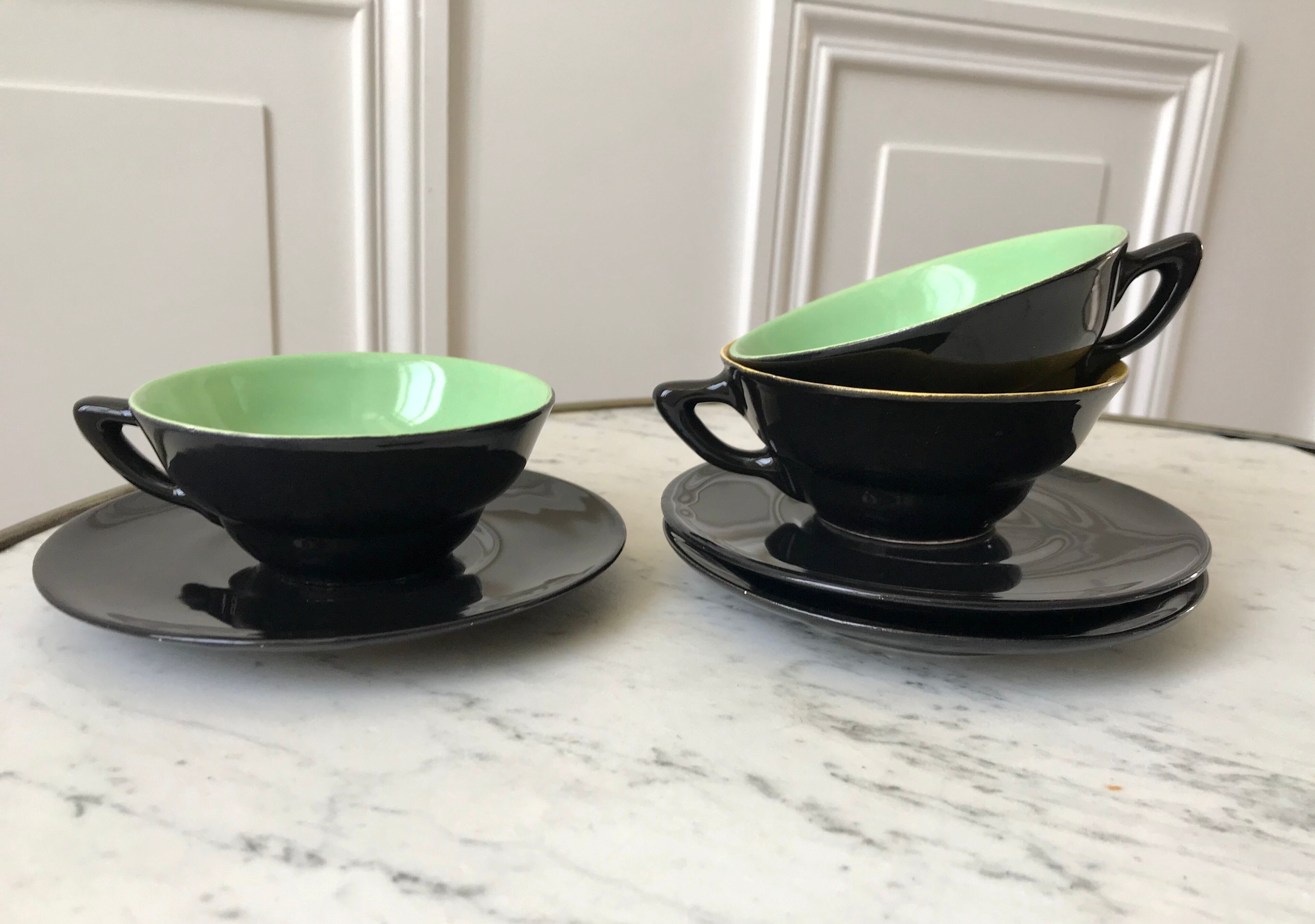 Set of 3 cups and saucers sage green and yellow 60s