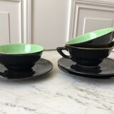 Set of 3 cups and saucers sage green and yellow 60s