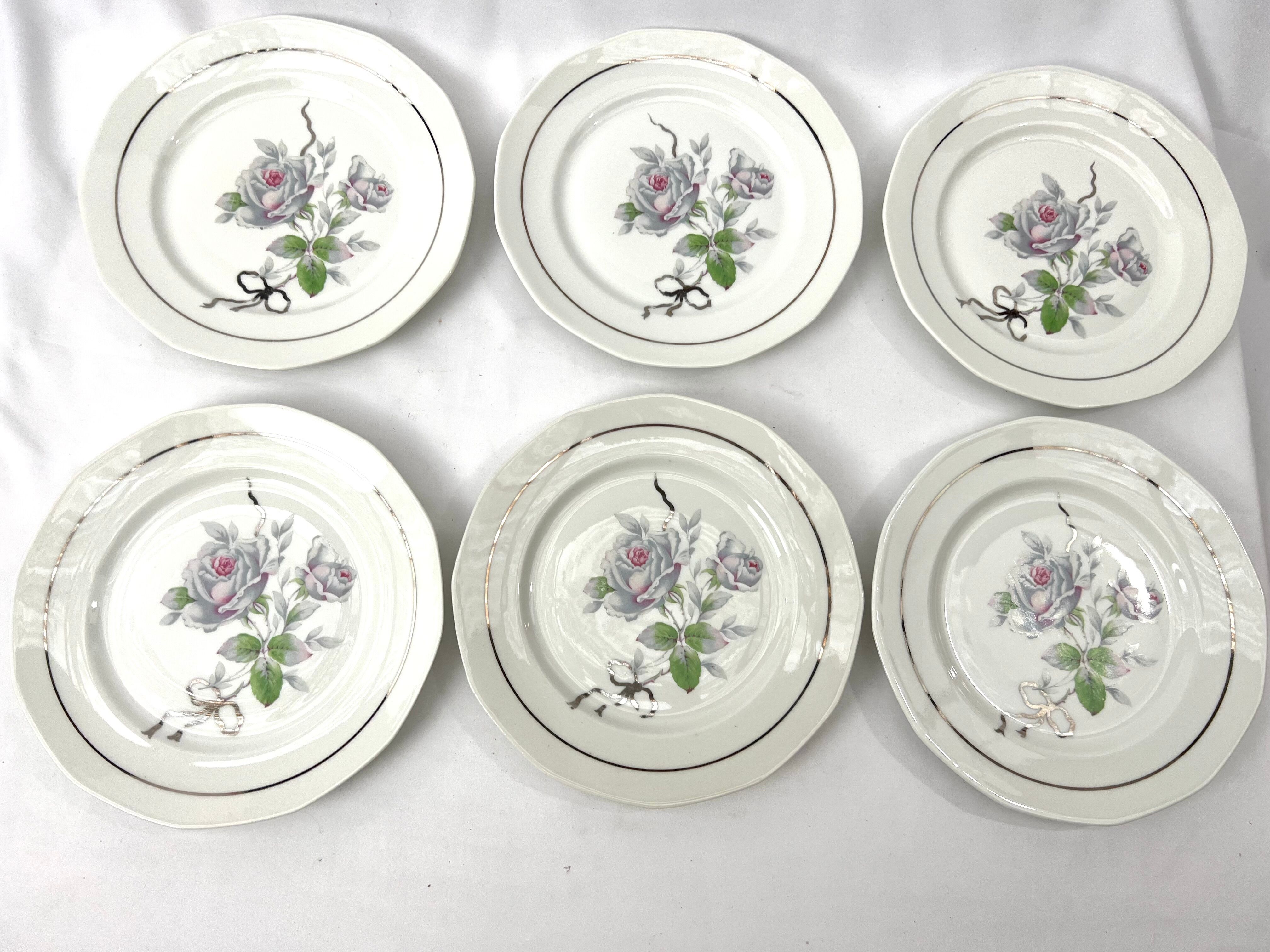 6 assiettes plates fleur rose porcelaine Limoges shabby