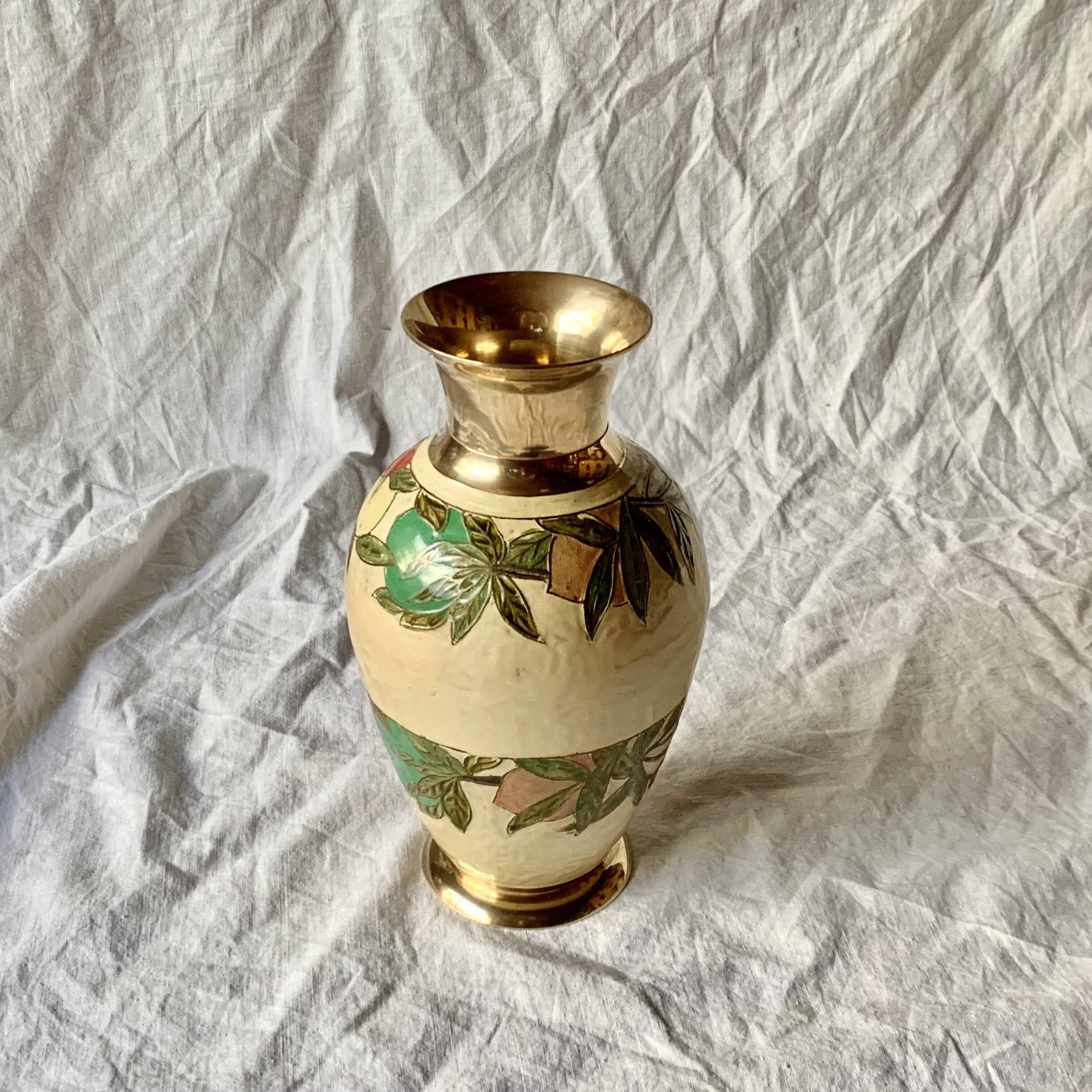Vintage brass vase with cloisonné enamel floral decoration