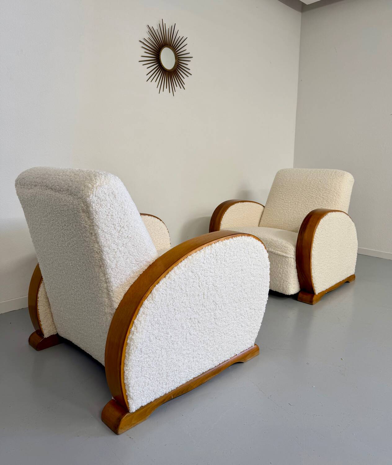 2 antique Art Deco club chairs from the 1930s, bentwood frame, bouclé fabric