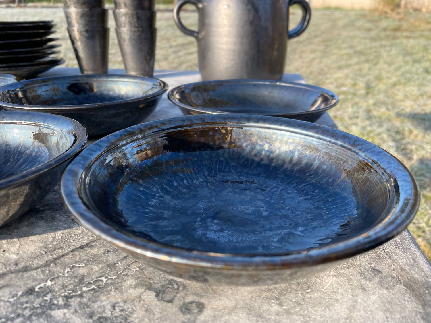 Vallauris service, the pottery of the great oak. Black metal glazed ceramics.