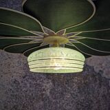 Rattan and Green Linen Flower Pendant Light and Vintage Clichy Glass Globe