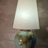 large glazed blue green ceramic lamp signed palm tree 1970, h75x20 light trace lampshade