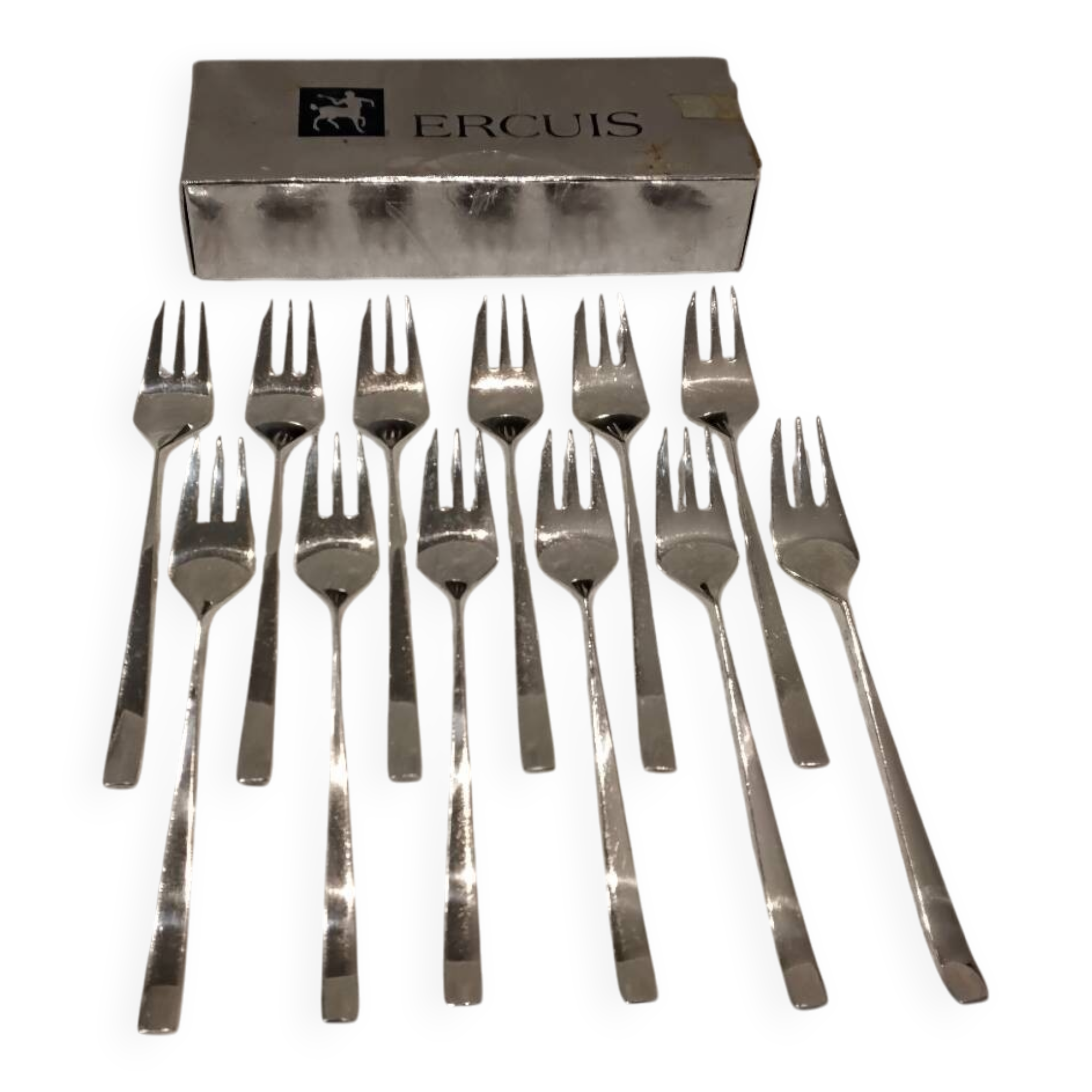 12 silver-plated metal cake forks by Ercuis Horizon silversmiths, 14.9cm