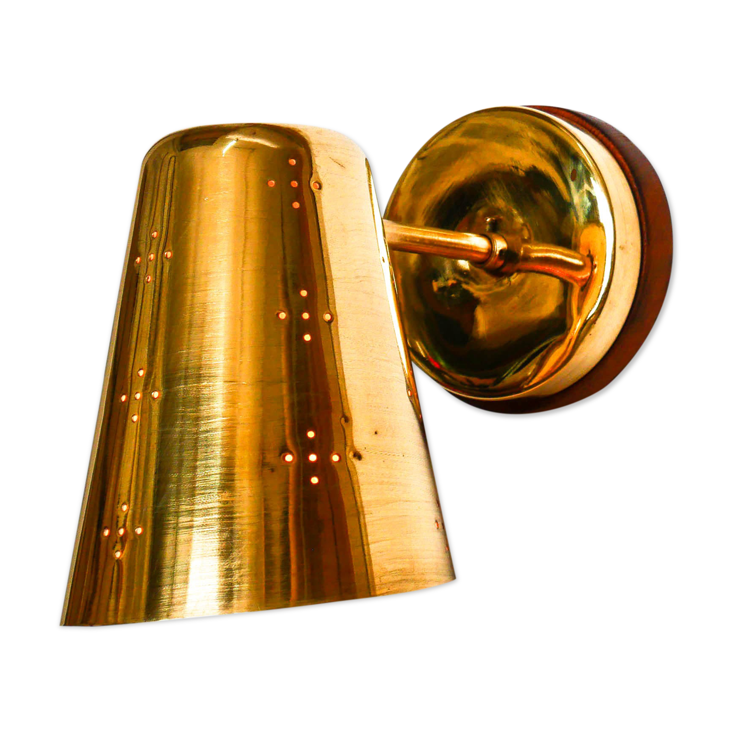 Old conical brass wall lamp, perforated lampshade