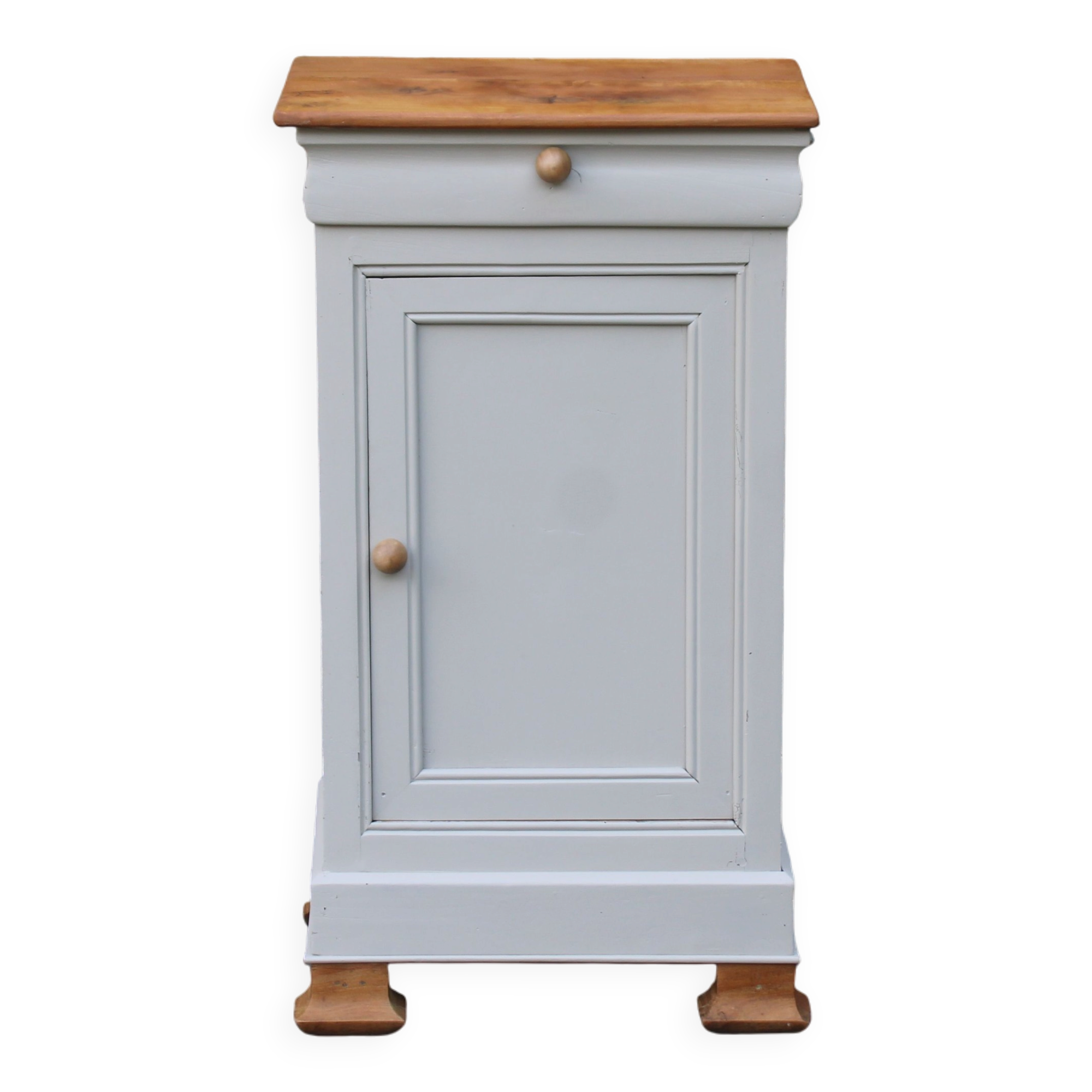 Renovated antique bedside table – Greige Galuchat, wooden top – houseboat style