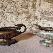 Large antique cast iron planter on a stand, brown-gold patina, France, circa 1900.