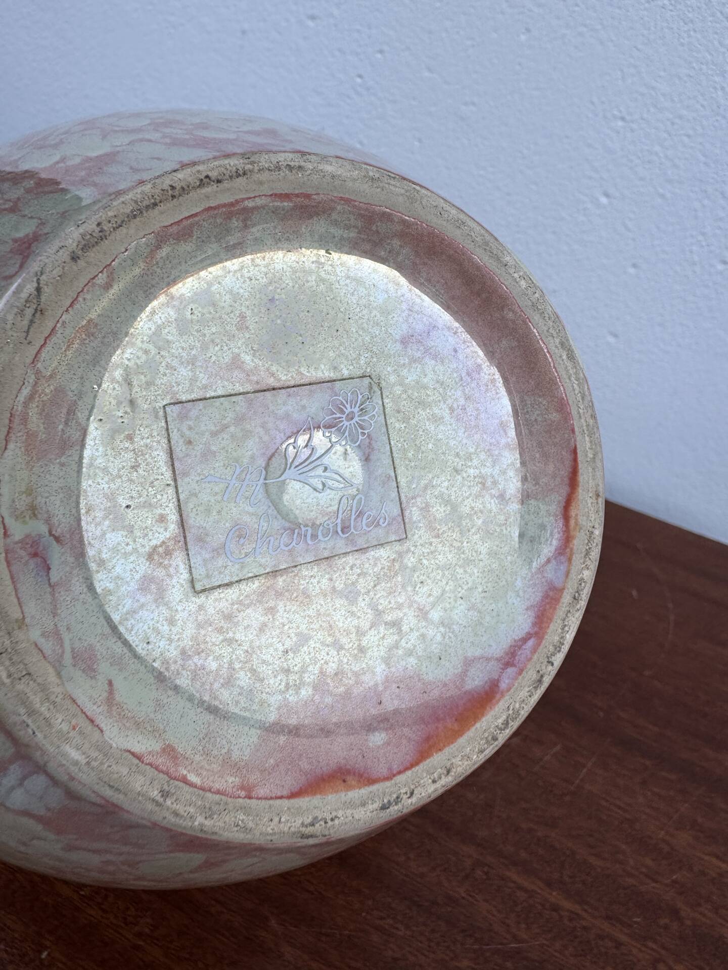 Iridescent Charolles earthenware round vase from the 1980s.