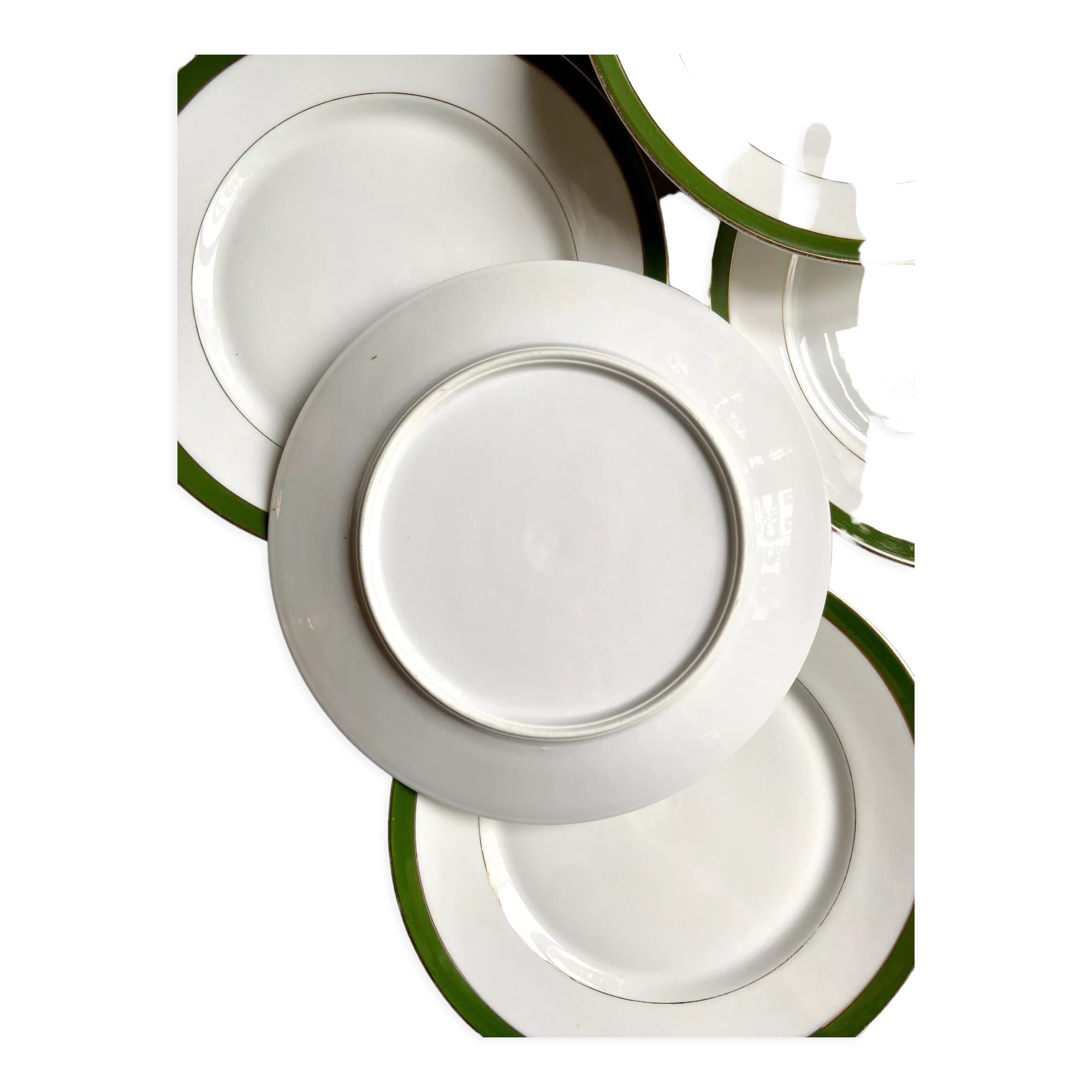 6 flat plates in white, green and gold porcelain