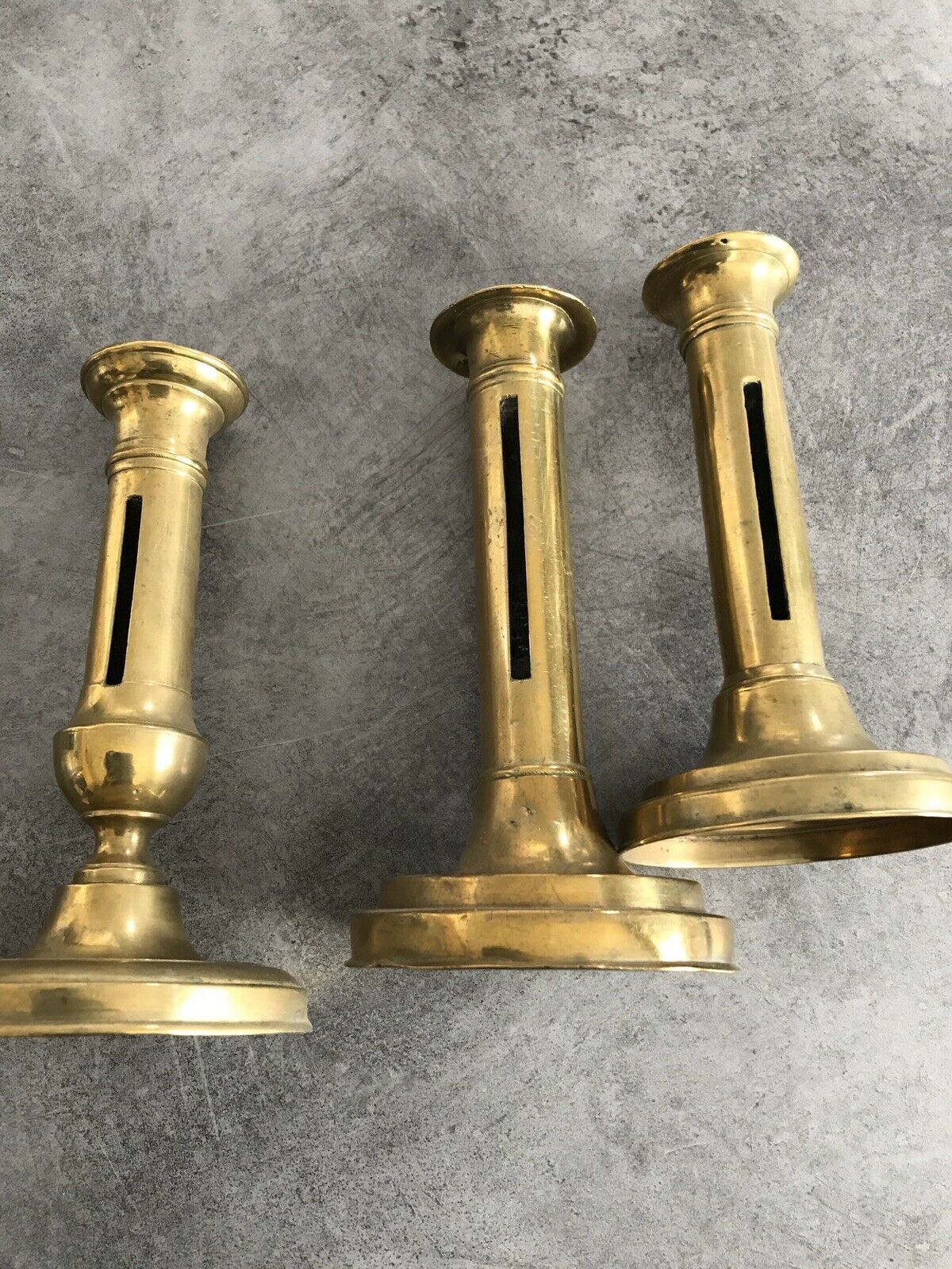 Set of 3 old brass copper zipper candlesticks