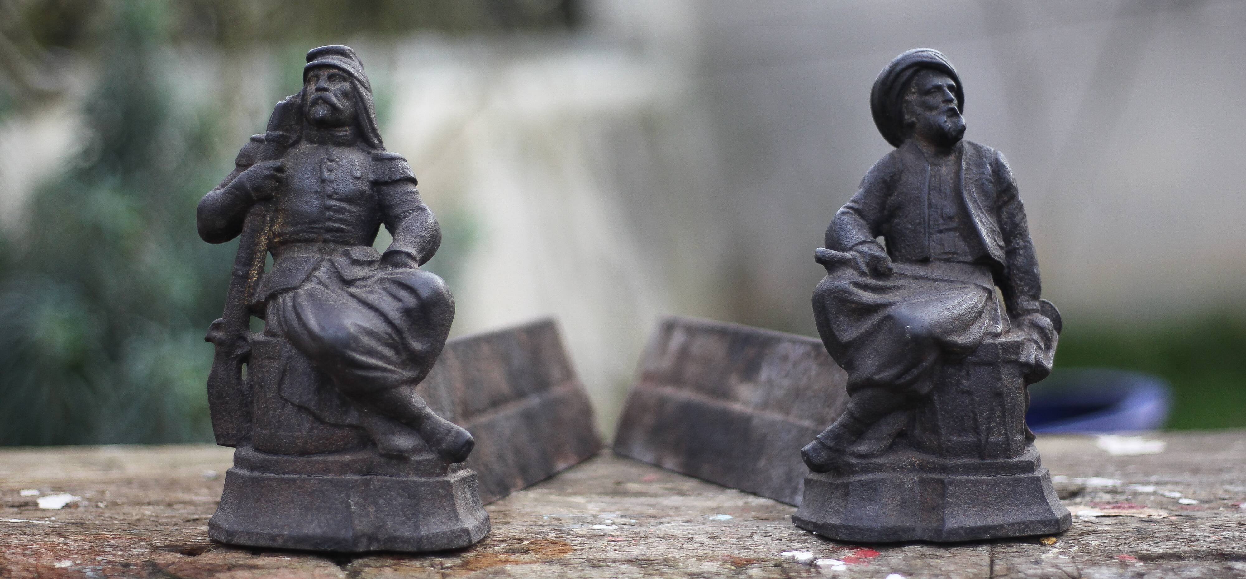 Pair of vintage fireplace andirons, anthropomorphic andirons, fireplace accessories