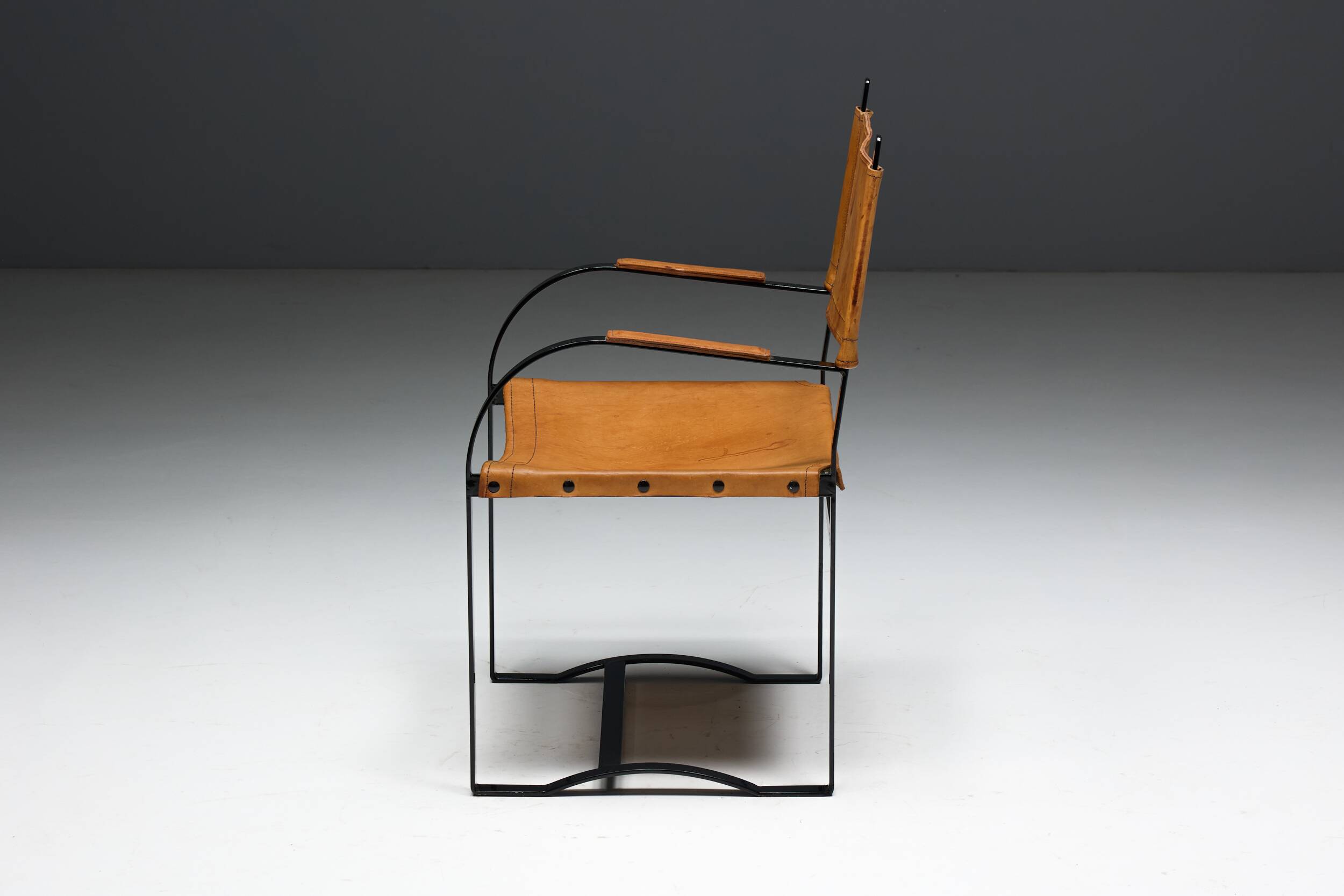Cognac Leather Armchair, Black Lacquer Steel Frame, Belgium, 1960s