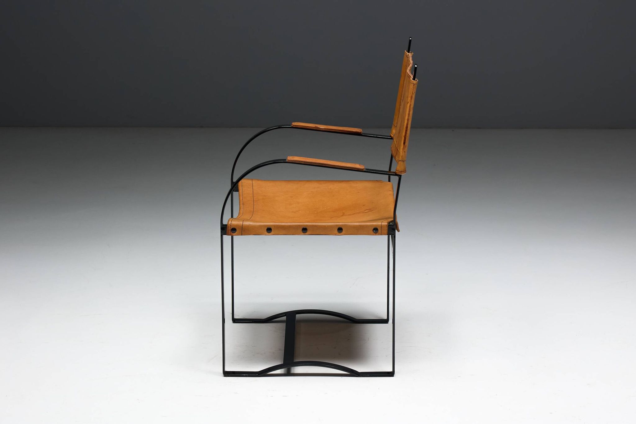 Cognac Leather Armchair, Black Lacquer Steel Frame, Belgium, 1960s