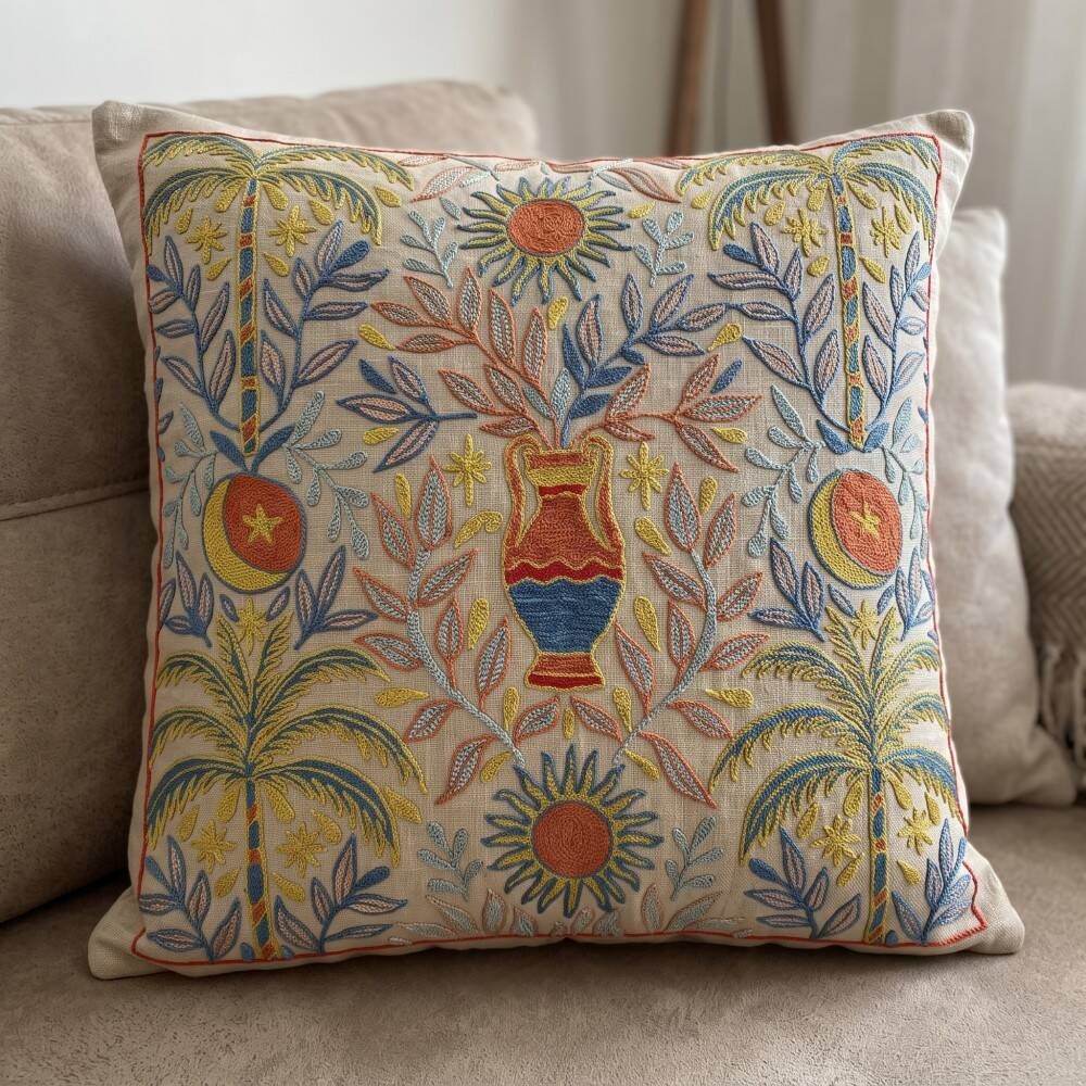 Silk Embroidered Palm Tree Pattern Cushion Cover. Ivory Throw Pillow Case. Traditional Folk Accent Pillow
